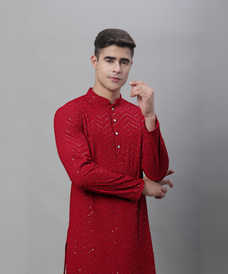 Jompers Men Striped Straight Kurta(Maroon)