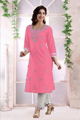 vikshi Women Chikan Embroidery Straight Kurta(Pink)
