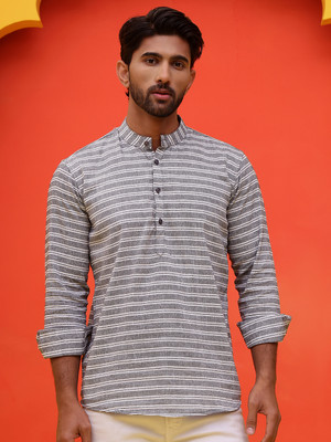 Anouk Rustic Men Striped Straight Kurta(Grey)
