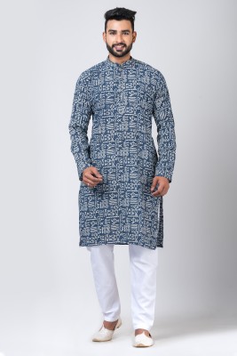 Rainbow Cloths Men Kalamkari Straight Kurta(Dark Blue, White)