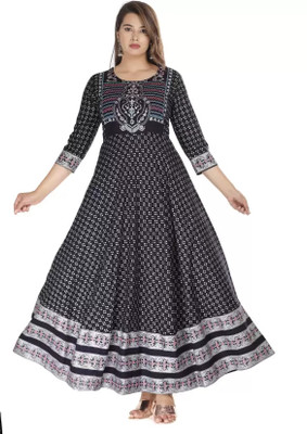 Rkmetalworks Women Printed Anarkali Kurta(Black, Silver)