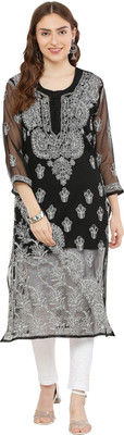 FAWOMENT Women Chikan Embroidery, Embroidered Straight Kurta(Silver)