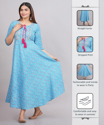 METAFAB Women Printed Anarkali Kurta(Light Blue)