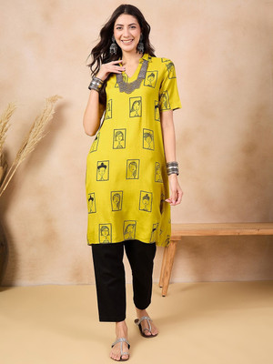 ANOUK Women Block Print A-line Kurta(Yellow)