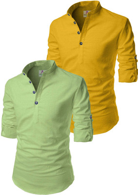 Apektra Men Solid Straight Kurta(Light Green, Yellow)