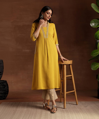 LIBAS Women Embroidered A-line Kurta(Yellow)