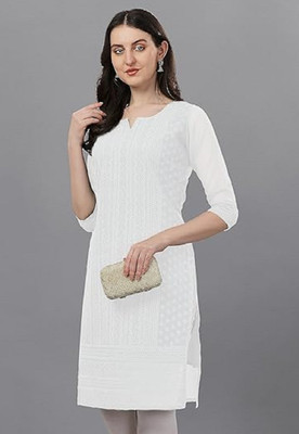 ramadi Women Chikan Embroidery Straight Kurta(White)