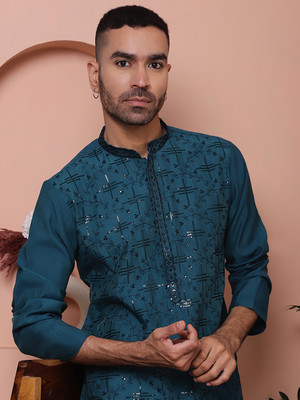 Jompers Men Embroidered Straight Kurta(Blue)