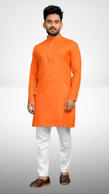 M Biswas Men Solid A-line Kurta(Orange)