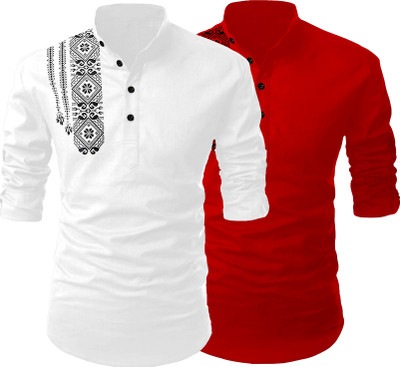 Kavyangle Creation Men Printed Straight Kurta(White, Red)
