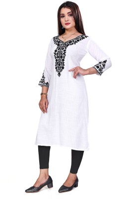 VieApparels Women Embroidered Straight Kurta(White)