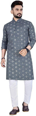 HIVA CREATION Men Printed Straight Kurta(Grey)