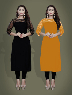 Maheshvi Women Self Design Straight Kurta(Yellow, Black)