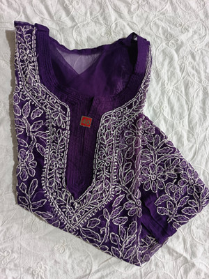 Adab chikan handicraft Women Chikan Embroidery A-line Kurta(Purple)