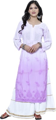 RAGA TANTR Women Chikan Embroidery A-line Kurta(Purple)