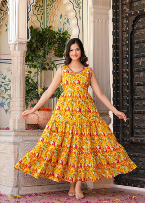 Tejal Textile Women Printed Anarkali Kurta(Gold)