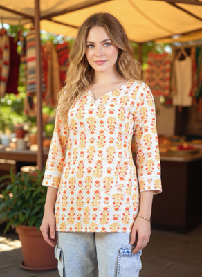 beingbeauty Women Floral Print, Printed Tunic Kurta(Orange)