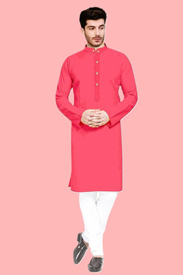 Rajababu Men Solid Straight Kurta(Pink)