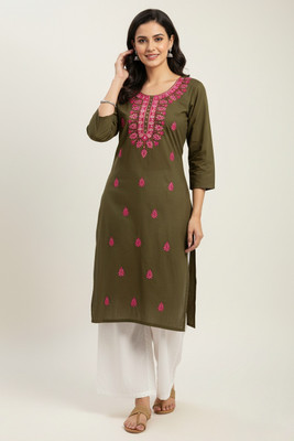 Badry Fashion Women Embroidered A-line Kurta(Dark Green)