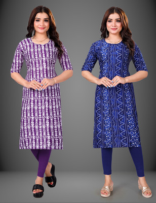 MOBHISA Women Printed Straight Kurta(Dark Blue)