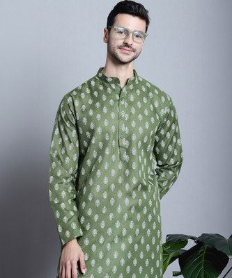 Jompers Men Floral Print Straight Kurta(Dark Green, White)