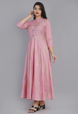 Tejal Textile Women Embroidered Anarkali Kurta(Gold, Pink)