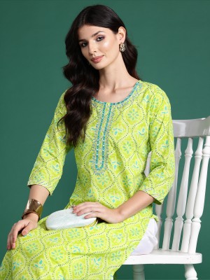 Indo Era Women Printed Straight Kurta(Green)