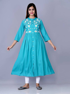 Y&O Women Printed A-line Kurta(Blue)