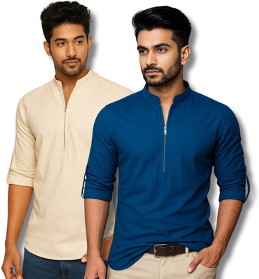 EchoWear Men Solid Straight Kurta(Beige, Dark Blue)