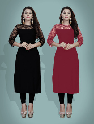 Maheshvi Women Self Design Straight Kurta(Black)