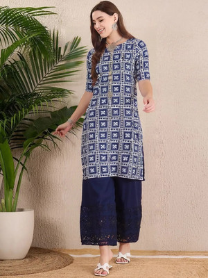 SZN Women Printed A-line Kurta(Blue)