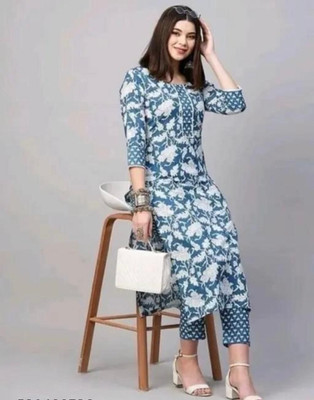 Akki SHAH Women Floral Print, Printed A-line Kurta(Dark Blue)