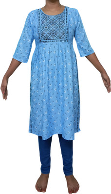 FlashV Women Floral Print Trail Cut Kurta(Beige)