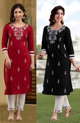 vikshi Women Chikan Embroidery Straight Kurta(Multicolor)