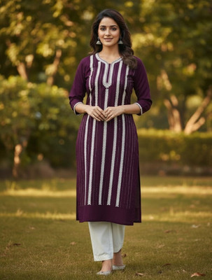 sofiacollection Women Striped, Embroidered, Embellished Straight Kurta(Purple)