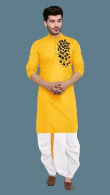 Mamata biswas Men Printed Straight Kurta(Yellow)