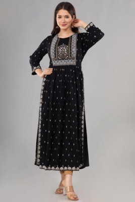 BR FASHIOIN Women Printed Ethnic Dress Kurta(Black, White, Gold)