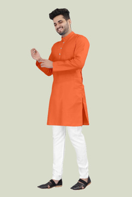 KRISHASALES Men Solid Straight Kurta(Orange)