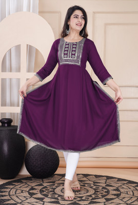 Brijam Women Embroidered A-line Kurta(Purple)