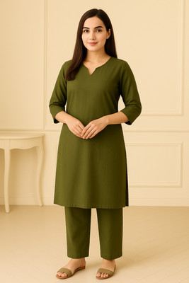 melio Women Solid Straight Kurta(Green)