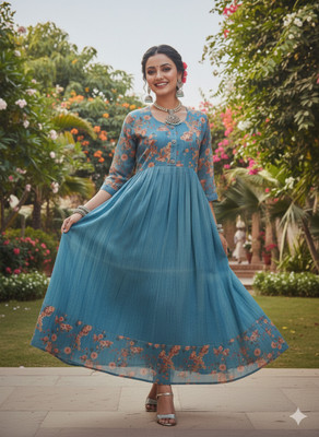 Kisu Women Floral Print Gown Kurta(Multicolor)