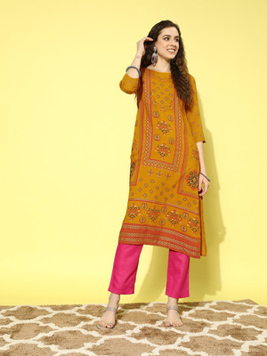 all about you Women Printed Straight Kurta(Yellow)