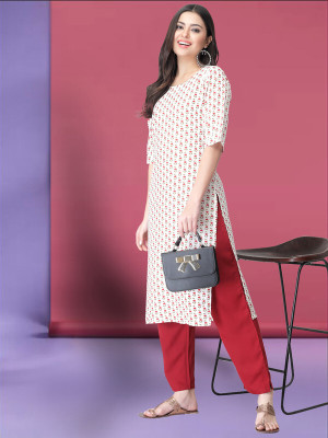 EthnicBasket Women Striped A-line Kurta(White, Red, Beige)