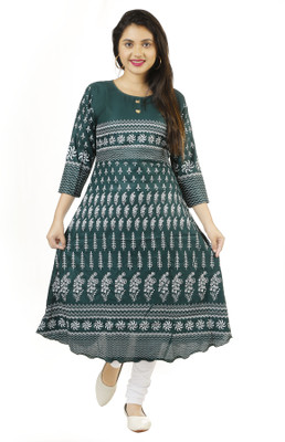 Oxipital Club Women Printed A-line Kurta(Dark Green, White)