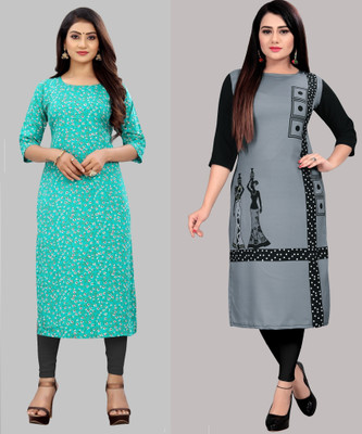 maruti fab Women Printed, Striped Straight Kurta(Blue, Pink)
