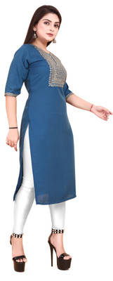 KURTIFABRIC Women Embroidered A-line Kurta(Blue)
