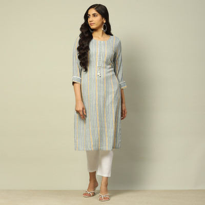 RANGRITI Women Printed Straight Kurta(Grey)