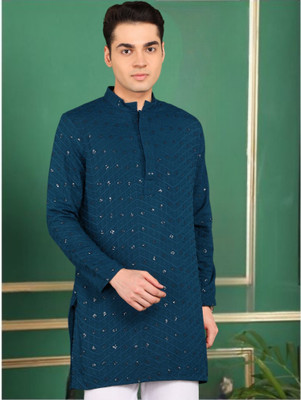 Tattva Men Embroidered Straight Kurta(Dark Blue)