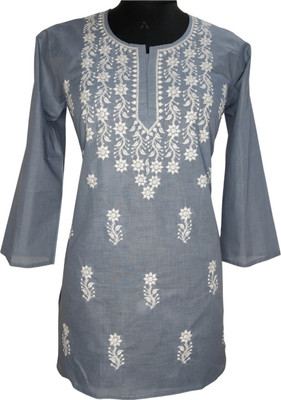 Nazaqat Women Embroidered Straight Kurta(Grey, White)