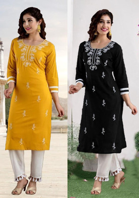 vikshi Women Chikan Embroidery Straight Kurta(Multicolor)